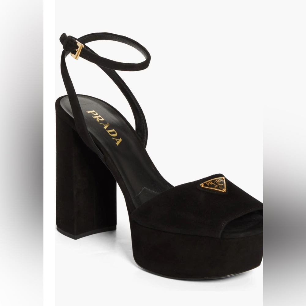 Prada Black Suede Platform Block Heel Sandals with Gold Logo